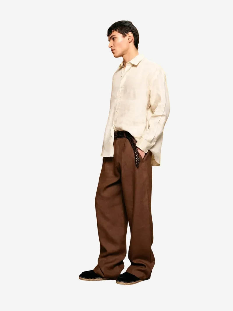 Giesto Beaver Brown GIESTO Pleated Linen Straight Leg Pants for Men | Best Price UAE
